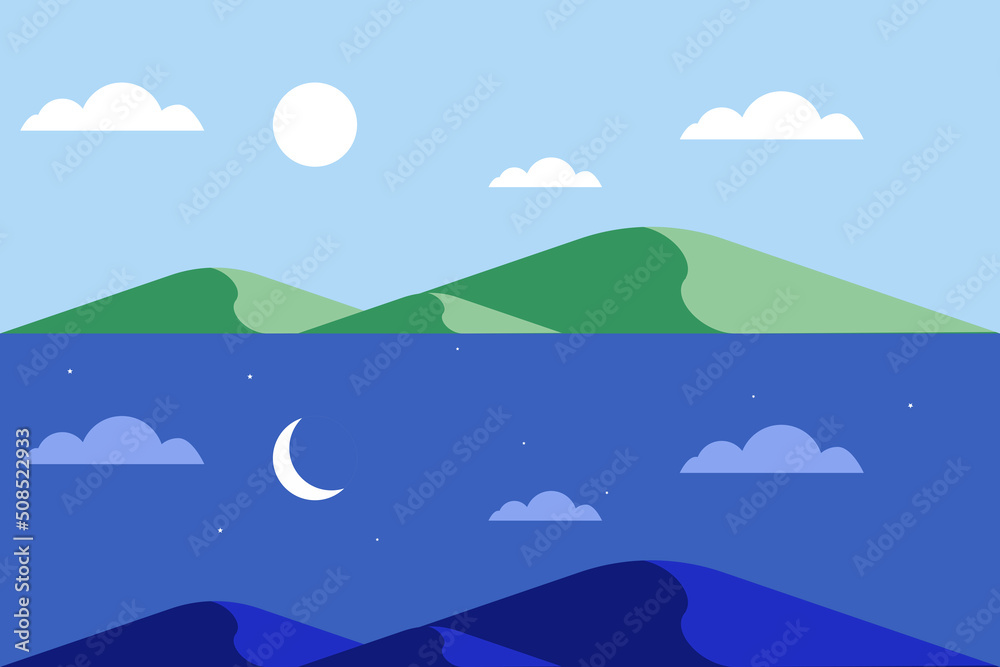 Fototapeta premium Day and night background illustration.Day and night contrast landscapes side by side. 