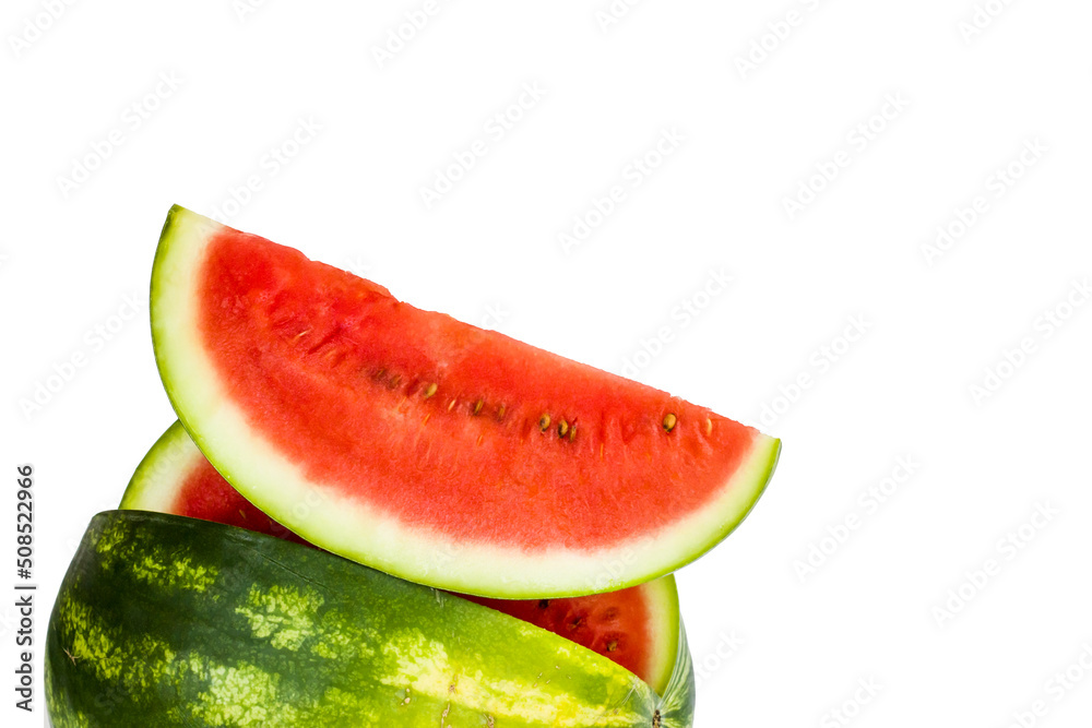 A slice of cut watermelon isolated on white surface with copy space
