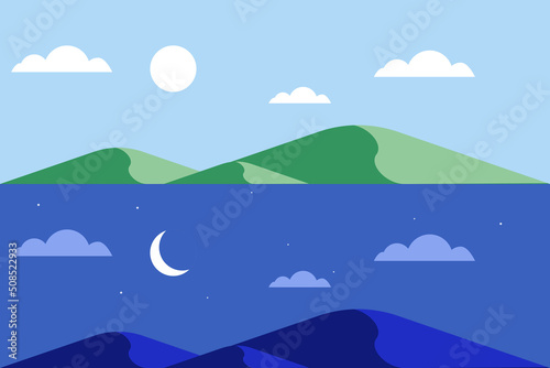 Day and night background illustration.Day and night contrast landscapes side by side. 