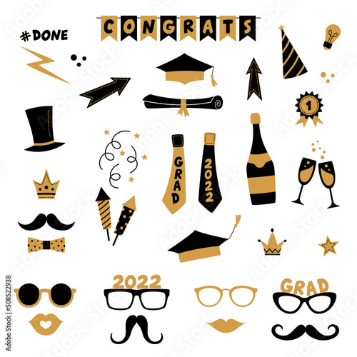 Photo booth props for graduation party. Congrats graduates. Photobooth vector set in gold and black. Hat, tie, glasses, diploma, congrats garland. University, school, academy grad symbol