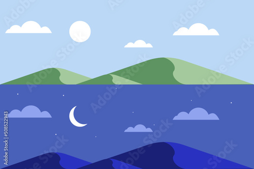  Day and night background illustration.Day and night contrast landscapes side by side. Vector.