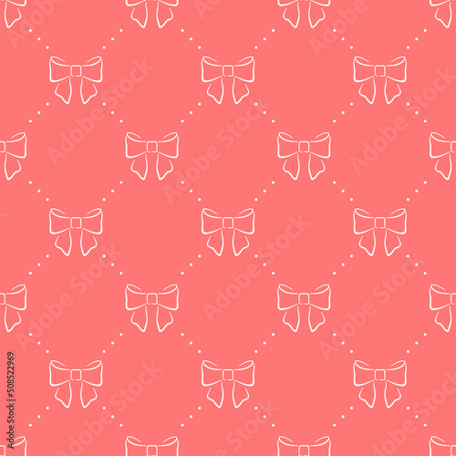 White bows of ribbons on soft red background seamless pattern. Hand drawn line art vector elements. Best for textile, print, wrapping paper, package and festive decoration.