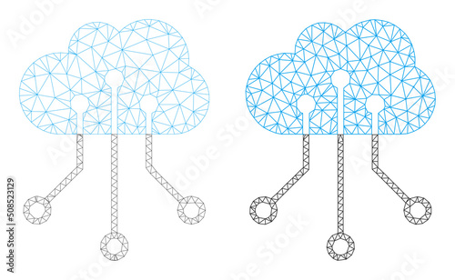 Polygonal mesh cloud network icons. Flat carcass variants are created from cloud network pictogram and mesh lines. Abstract lines, triangles and points are organized into cloud network mesh.
