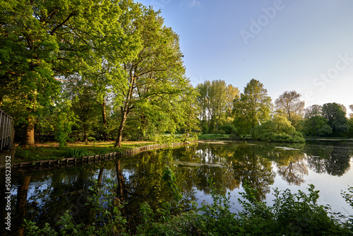 Fototapeta Naklejka Na Ścianę i Meble -  Pond and trees during the sunset in Provincial Domain Rivierenhof
