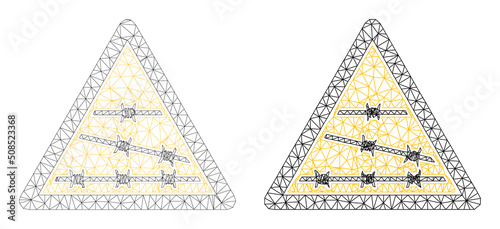 Polygonal mesh barbed fence warning icons. Flat carcass versions created from barbed fence warning symbol and mesh lines. Abstract lines,
