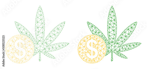 Polygonal mesh cannabis price icons. Flat model variants are created from cannabis price pictogram and mesh lines. Abstract lines, triangles and points organized into cannabis price carcass.