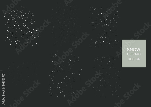 Sugar powder set, salt vector texture. Flour isolated on black background. White sugar particles. Vector flour illustration. Snow elements collection isolated on black. Salt.