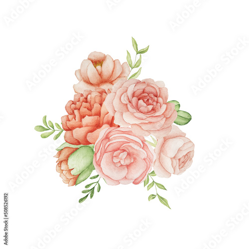 Watercolor bouquet of roses and peonies