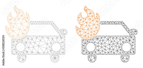 Polygonal mesh car fire icons. Flat model variants created from car fire symbol and mesh lines. Abstract lines, triangles and points combined into car fire carcass.