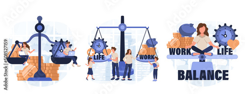 Work and life balance. Tiny people keep harmony choose between career and money versus love and time, leisure or business. Modern flat cartoon style. Vector illustration collection of scenes