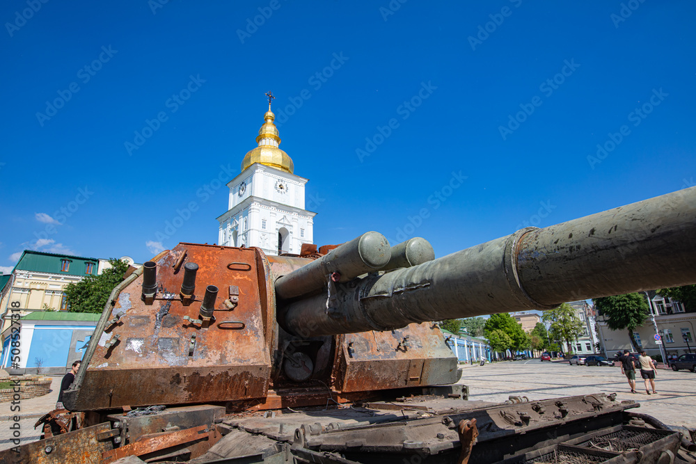 Exhibition of destroyed Russian military equipment on Saint Michael's Square in Kyiv, Ukraine
