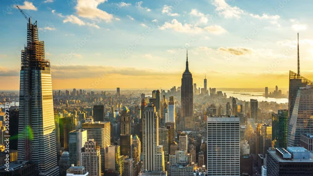 Time lapse of panoramic view on Manhattan at sunset, New York City.