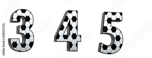 Alphabet with soccer ball texture. Numbes 3, 4, 5. Inspiration source for championship. 3D illustration. Crop in one click. photo