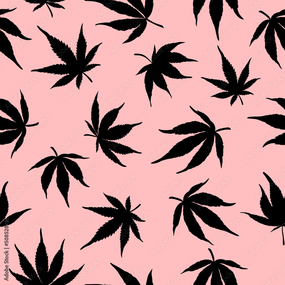 Seamless pattern of black cannabis on a pink background White hemp leaves - seamless texture for design. Marijuana pattern. Marijuana pattern