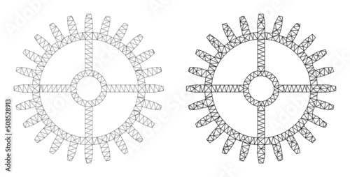 Polygonal mesh clock gearwheel icons. Flat structure variants are created from clock gearwheel pictogram and mesh lines. Abstract lines, triangles and points are combined into clock gearwheel carcass.