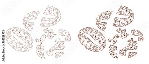 Polygonal mesh coffee bean crush icons. Flat model versions are created from coffee bean crush pictogram and mesh lines. Abstract lines, triangles and points are combined into coffee bean crush mesh.