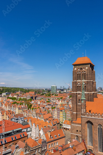 Gdansk, Poland - June 23 2022 "Sky view of old town and Basilica of St. Mary in Gdansk"