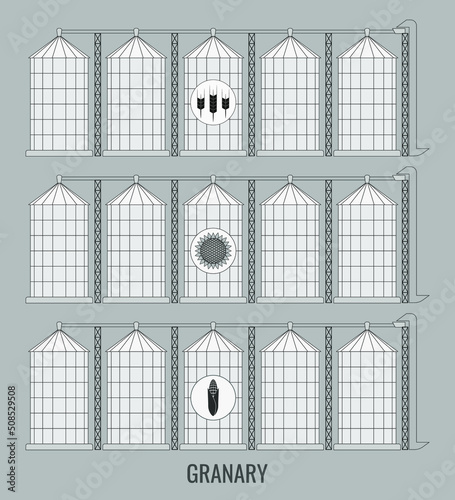 Creative vector illustration of an agricultural warehouse for a grain elevator isolated on a transparent background. Abstract concept of wheat, corn and sunflower graphic icon.
