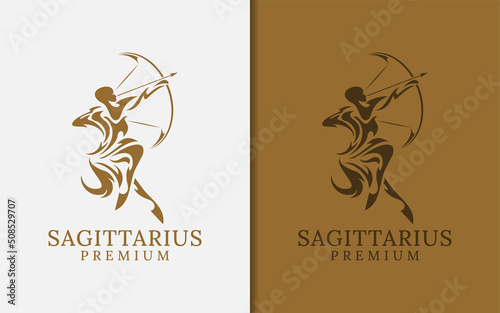 Golden Sagittarius Silhouette Logo Design with Abstract Elegant Concept.