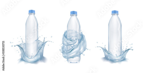 3d realistic vector icon set. Plstic water bottles with water splash. Isolated on white background.