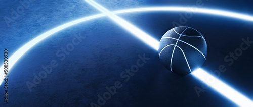 Modern Basketball and glowing lines on play field. Abstract theme of ball sport equipment. Neon sport concept © Martin Piechotta