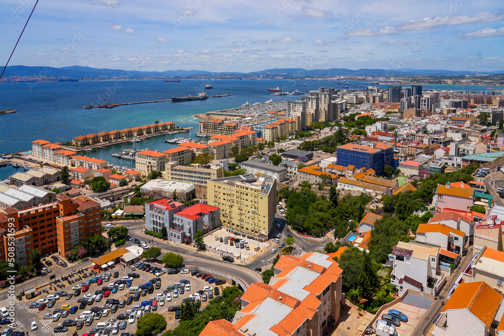 Aerial view of the city center of Gibraltar, an Overseas Territory of the United Kingdom located in the South of Spain in the Mediterranean Sea