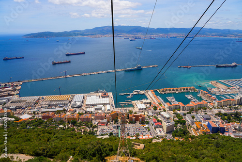 Aerial view of the city center of Gibraltar, an Overseas Territory of the United Kingdom located in the South of Spain in the Mediterranean Sea
