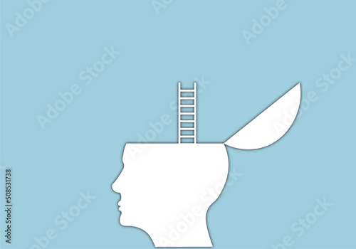 think out of the box opened head human head with ladder in the blue background 