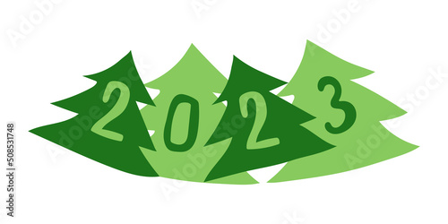 Christmas green trees illustration with numbers 2023. New Year holidays, Christmas Eve - celebration and decoration, festive element. New Year decorative vector element, green holiday trees.