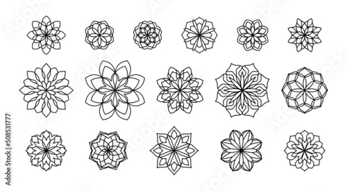 Vector black floral mandalas isolated on white background. Geometric patterned silhouette, simple ornaments for adult coloring books. Set of geometric line flower mandala illustrations.