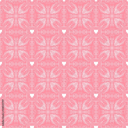 seamless white pattern on pink background. Seamless pattern with hearts and weaving. Lace, knitting,geometry, background, 