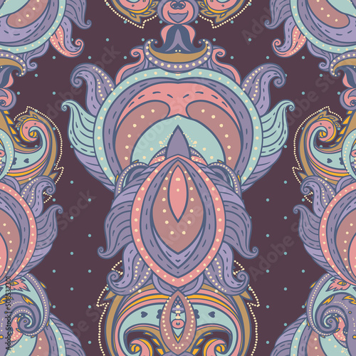 Floral paisley indian vector colorful ornate seamless pattern. Hand drawn des...