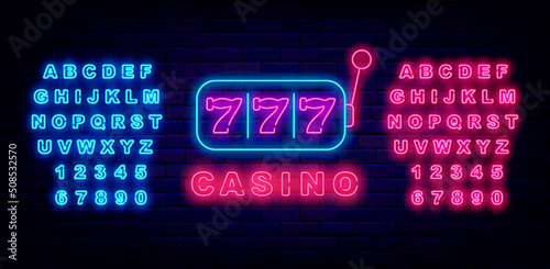 Casino neon sign. Jackpot with seven numbers. Shiny blue and pink alphabet. Vector stock illustration