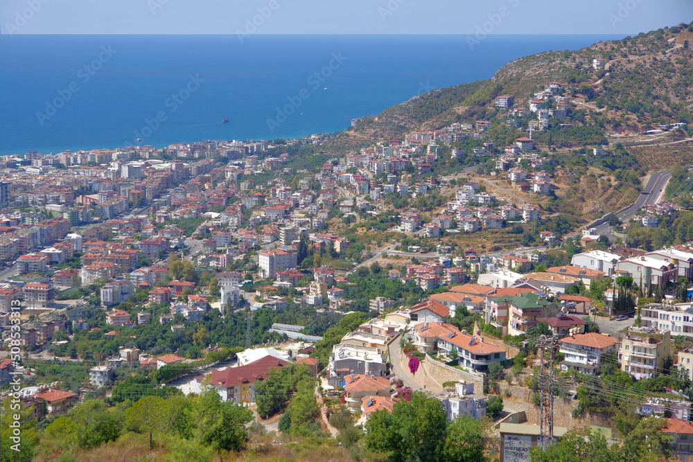 Turkey. Alanya. 09.21.21. View from a height of a resort town located near the Mediterranean Sea in the mountains.