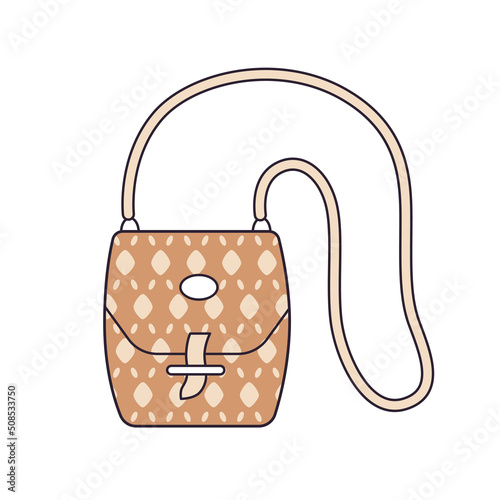 Brown elegant luxury shoulder bag messenger with fashionable brand monogram style pattern and long strap isolated vector