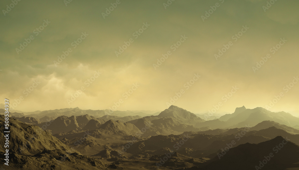 3d rendered post apocalyptic landscape - An empty Fantasy Landscape with pale skies