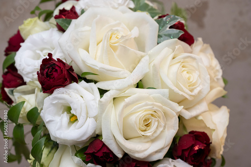 Lots of red and white rose bouquets