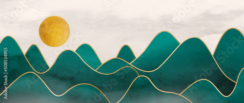Abstract art background with mountains and hills in green and blue with golden lines. Vector banner with hills, mountains and sun for decoration, wallpaper, packaging, fabric.