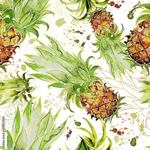 Fototapeta Naklejka Na Ścianę i Meble -  Pineapple Watercolor Fresh Vector Seamless Pattern Textile Design