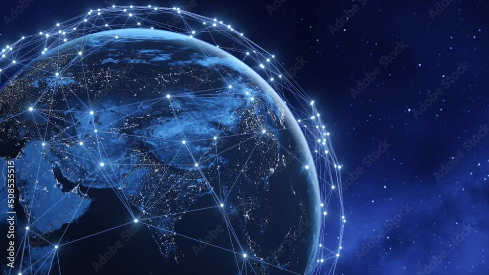 Tech earth globalization in 3d animation. Global Business dots on rotating planet.
