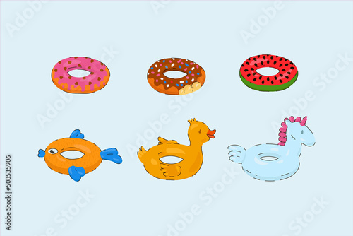 A set of cartoon swimming rings. Rubber toys for playing in the pool, cute watermelon, donuts, unicorn duck. Colorful lifebuoys. Vector illustration