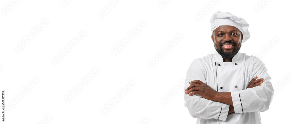 Handsome male African-American chef on white background with space for text Handsome male African-American chef on white background with space for text
