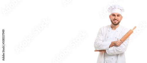 Handsome male chef on white background with space for text