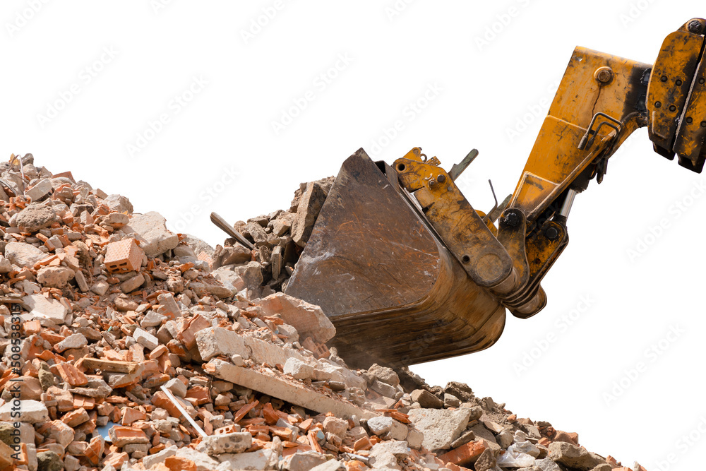Fototapeta premium Frontal hydraulic loader forms a pile of construction debris with a bucket. Pile of broken red brick, shards of tiles and concrete, isolated on white background