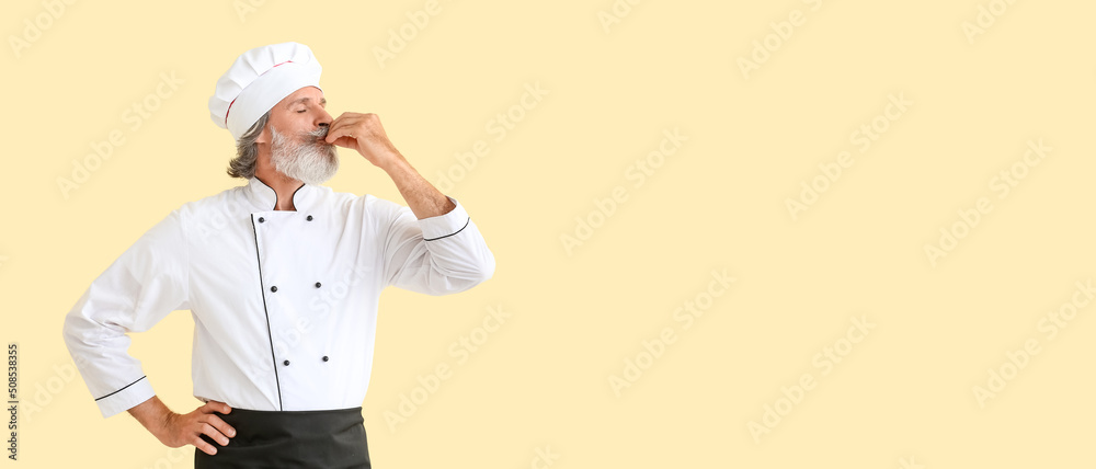 Mature male chef on color background with space for text Mature male chef on color background with space for text