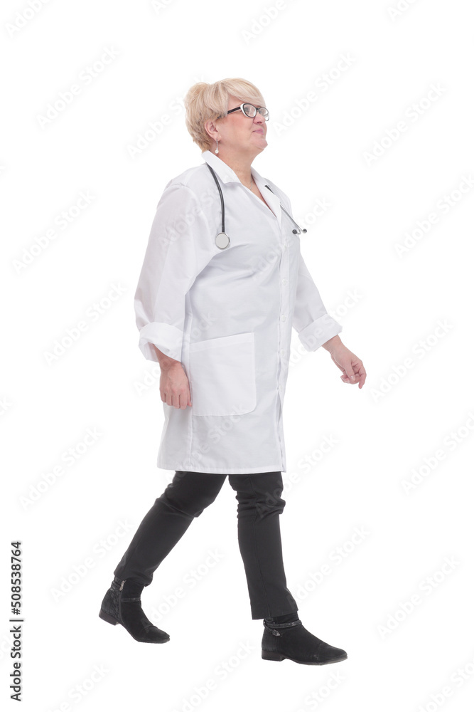 competent doctor in a white coat striding forward. competent doctor in a white coat striding forward.