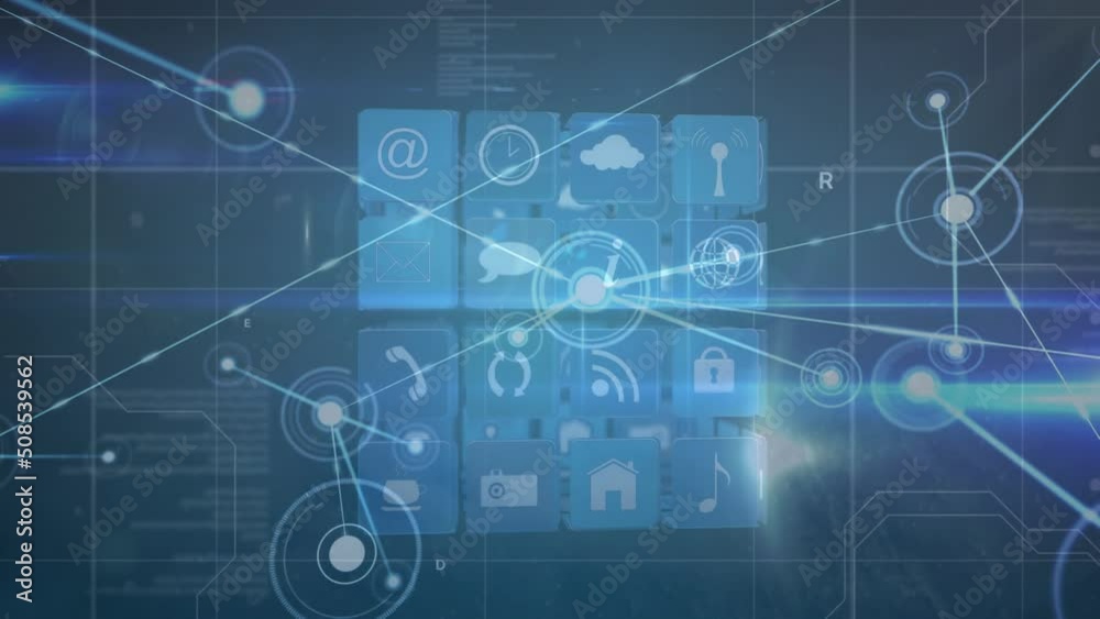Animation of network of connections with icons and data processing Animation of network of connections with icons and data processing