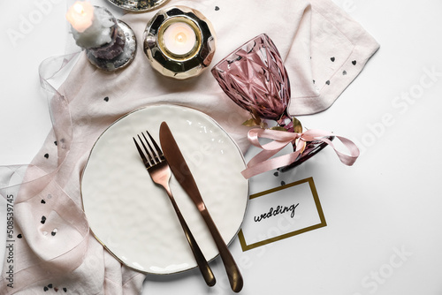Valokuvatapetti Beautiful table setting for wedding on white background