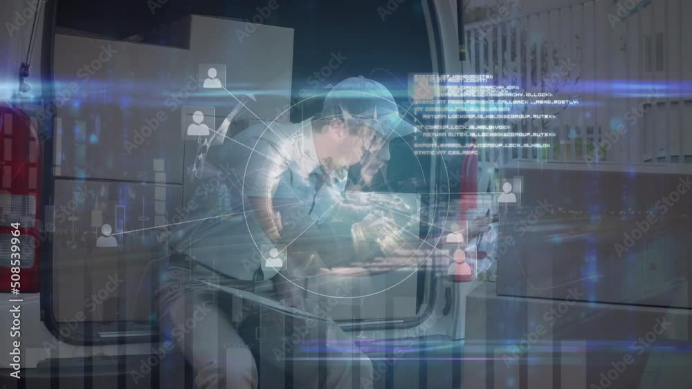 Animation of data processing and globe over caucasian male courier Animation of data processing and globe over caucasian male courier