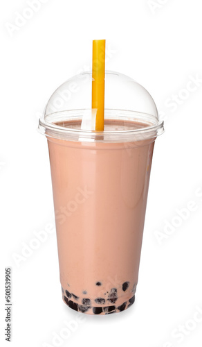 Plastic cup of tasty bubble tea on white background